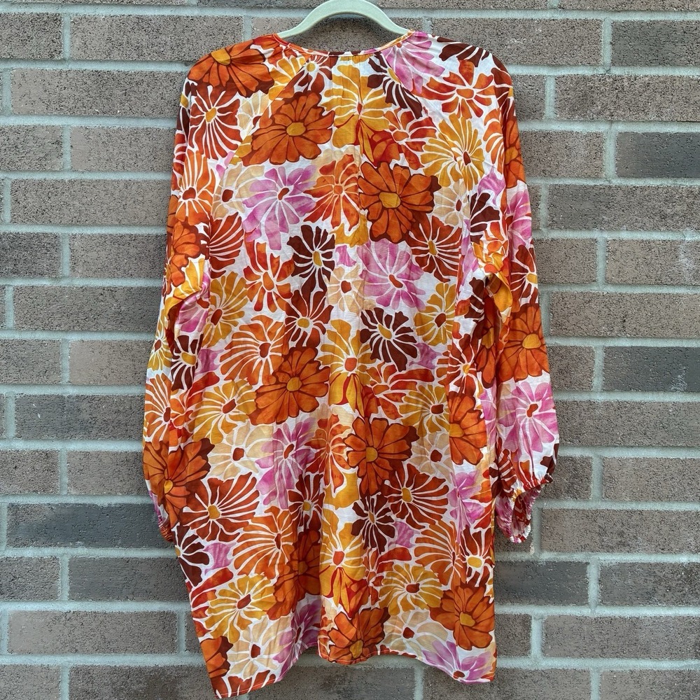 NEW Anthropologie Maeve Kaftan Mini Dress Womens M/L Orange Floral Tie-Neck Boho - Picture 2 of 9